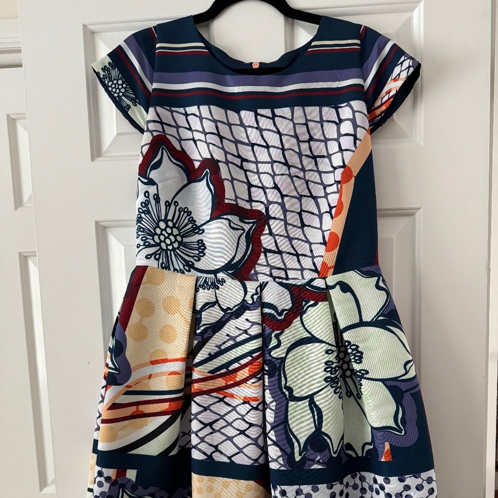 Ted Baker London Navy, White, Red & Peach Floral Fit-and-Flare Dress
